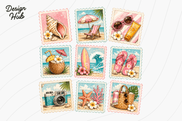 Beach Stamp Collage Shirt PNG: Retro Coastal Design Asset