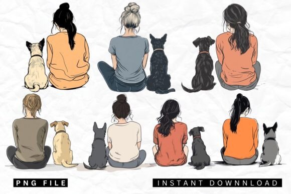 Girl and Dogs, Best Friends Clipart: Creative Design Assets