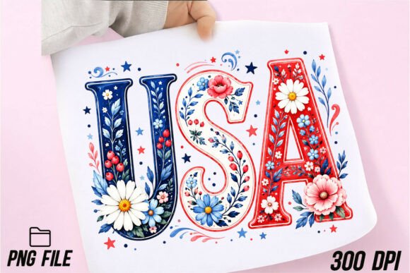 Preppy Hand Painted USA Floral PNG for Patriotic Designs